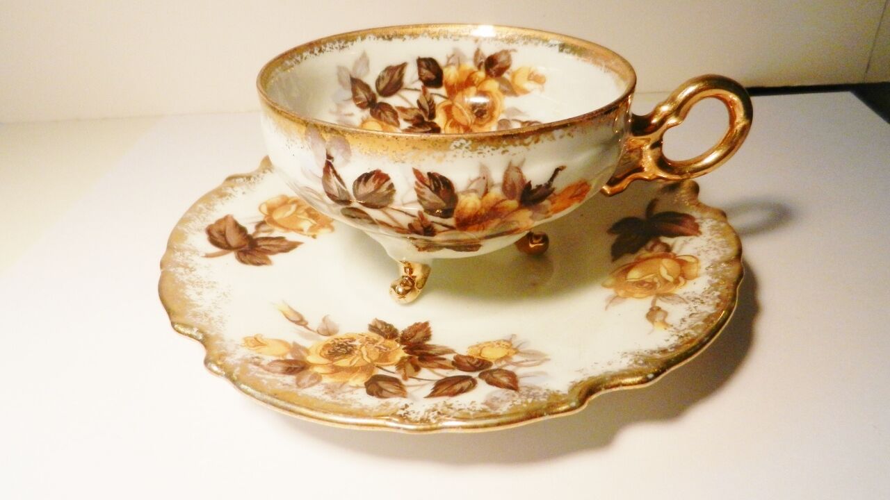 Original Napco China~hand Painted~gilded Brown Roses 3-legged Cup/saucer~idd153
