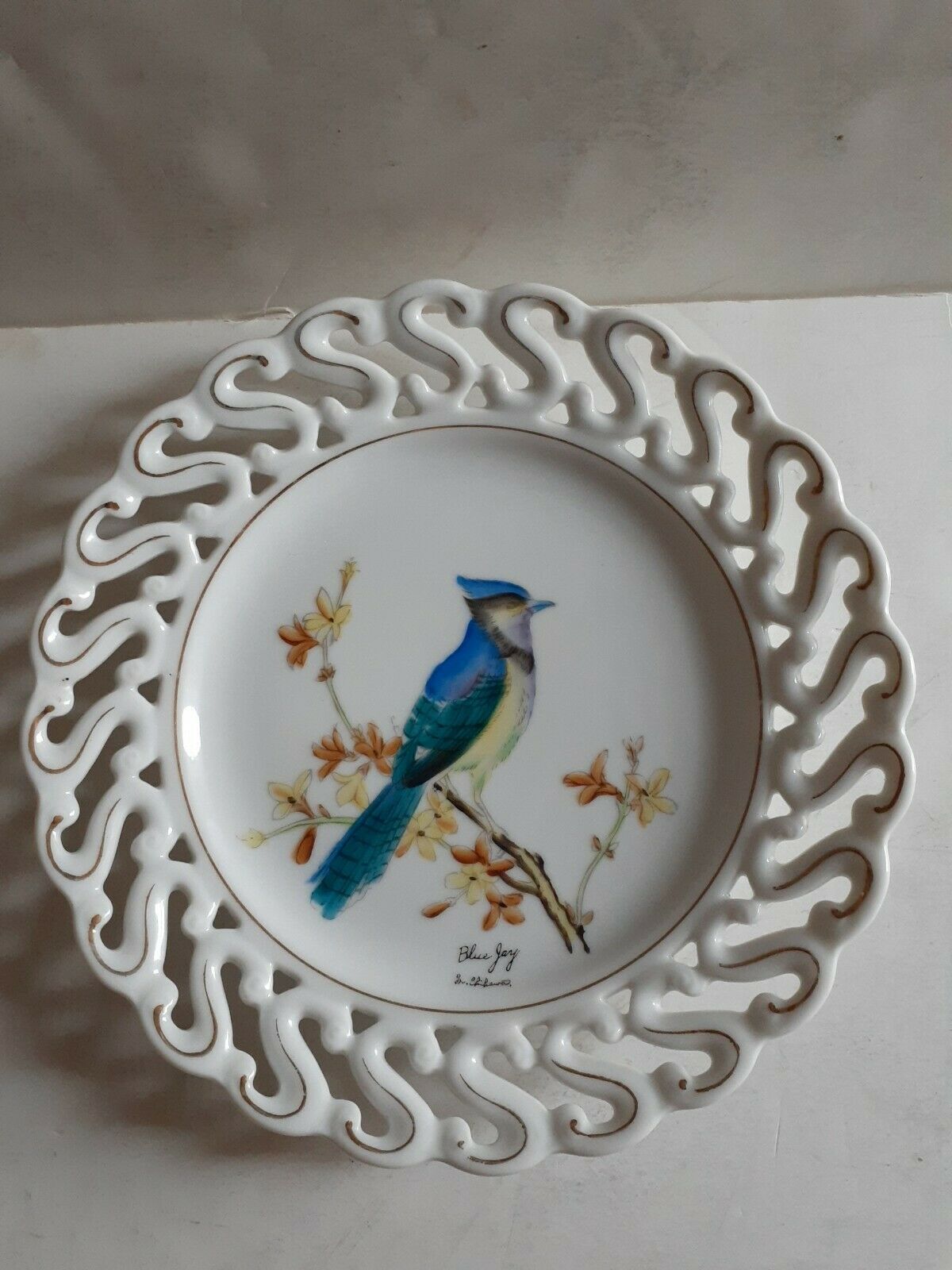 Napco China Vtg Collector Plate 8" Handpainted Signed Blue Jay S898 Lattice Edge