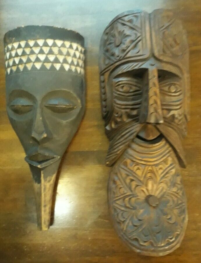 Pair of Large Hand Carved Wood African Ceremonial Face Masks