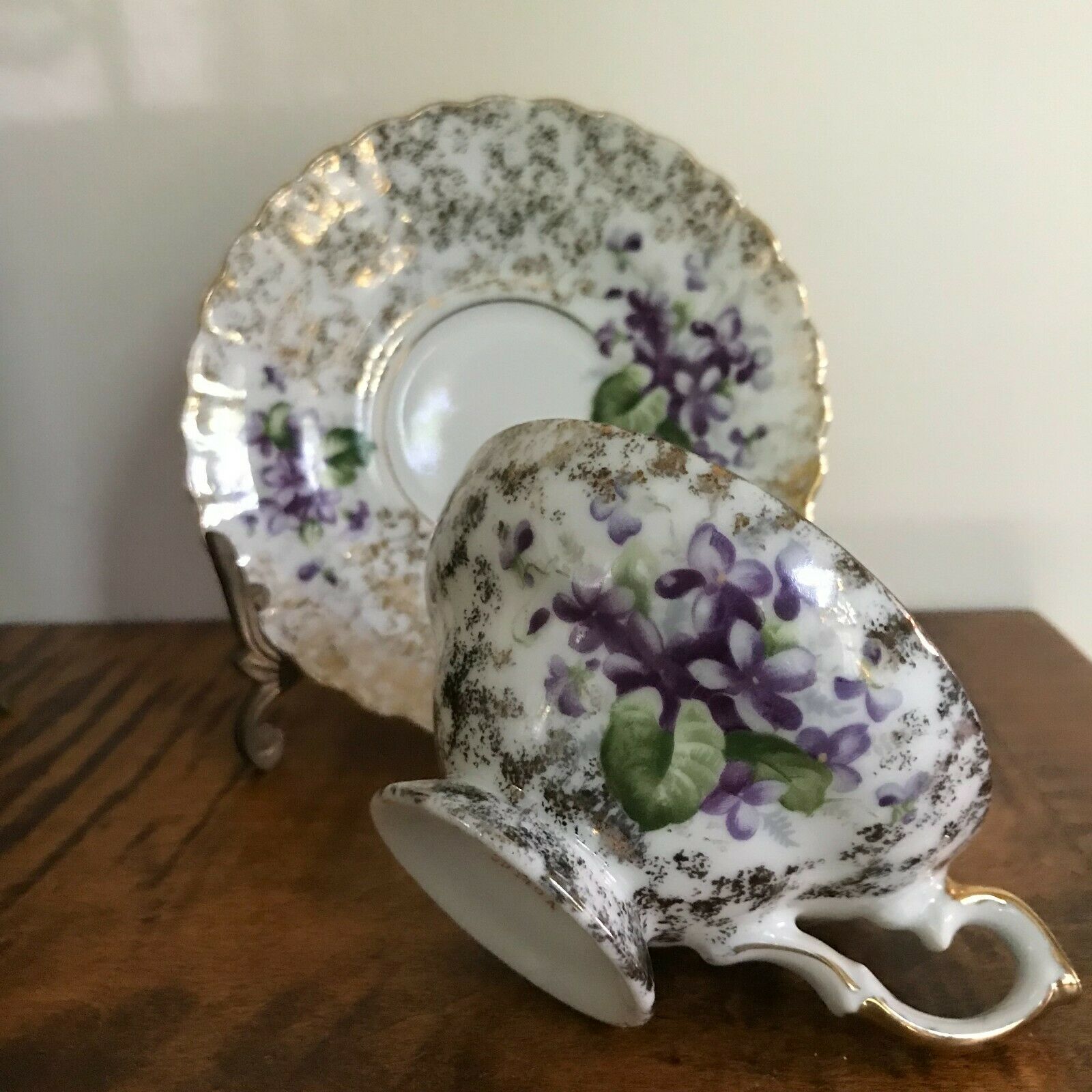Vintage Napco China Violet Teacup And Saucer Hand Painted Flowers On Gold Base