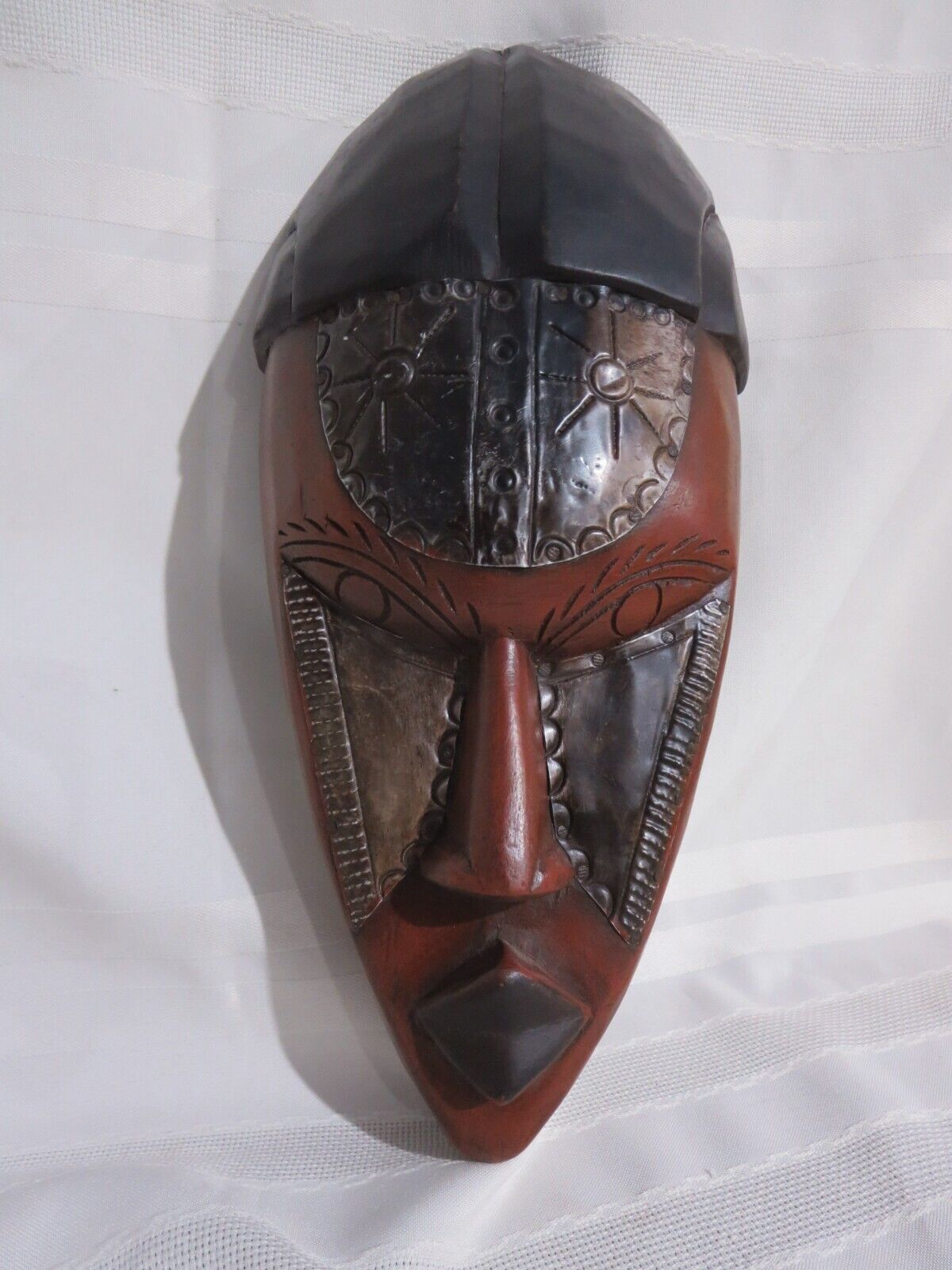 African Wood Metal Tribal Mask Hand Crafted Carved in Ghana