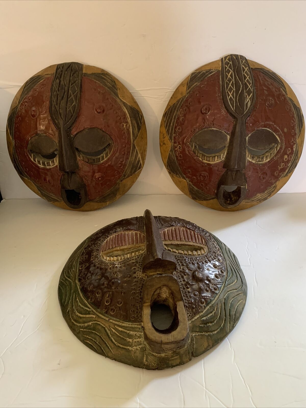 Vintage Genuine African Art Ghana 3 Wooden & Metal Tribal Masks Round 12” W/ Tag
