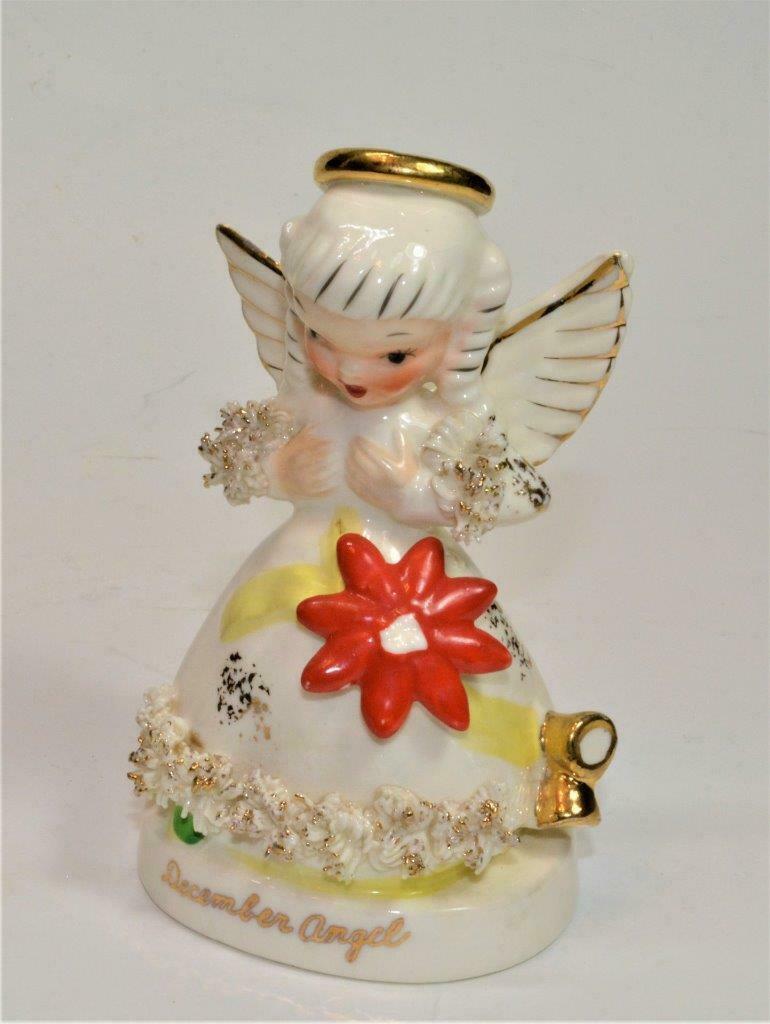 Vintag 50s Napco Porcelain December Angel With Poinsettia 4 1/4"h Figurine S1372